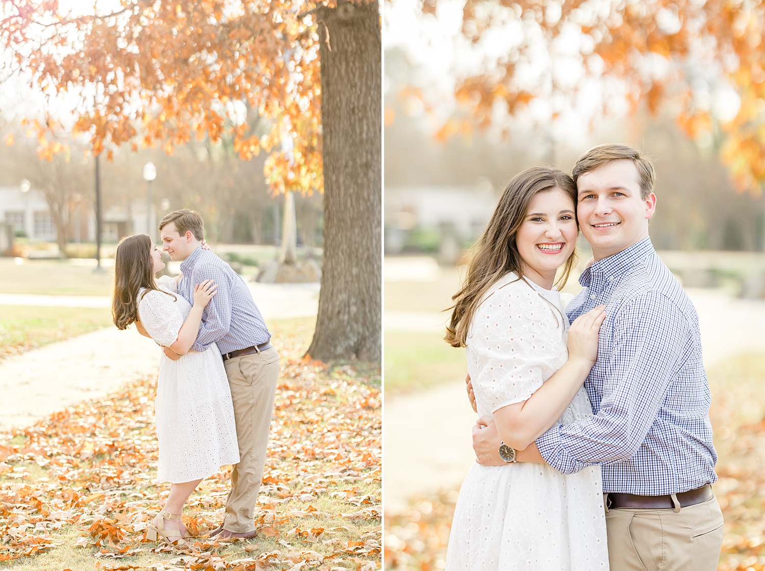couple hug under tree with fall foliage