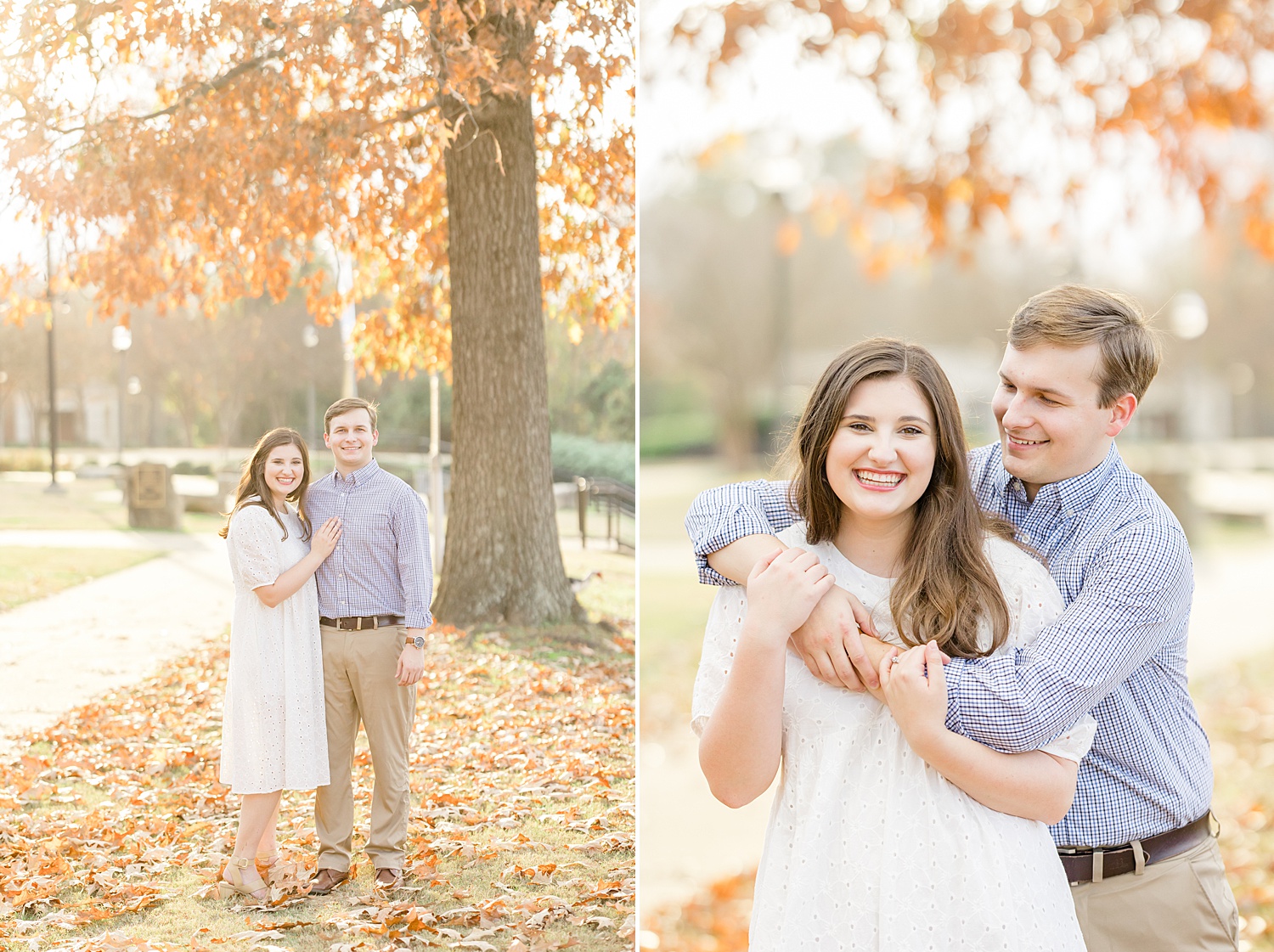 fall engagement portraits surrounded by fallen leaves