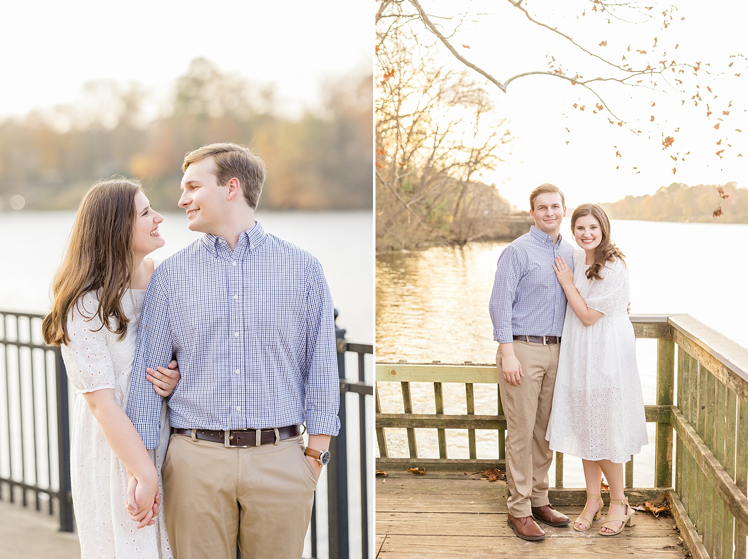 couple stand by the water during engagement session at Riverwalk 