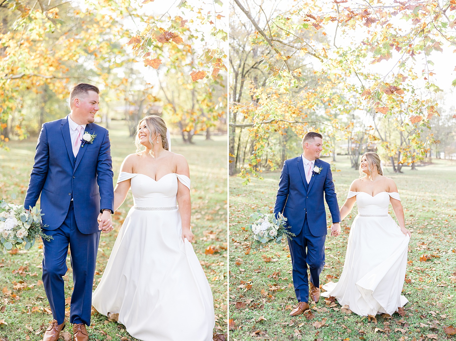 couple walk hand in hand during wedding portraits