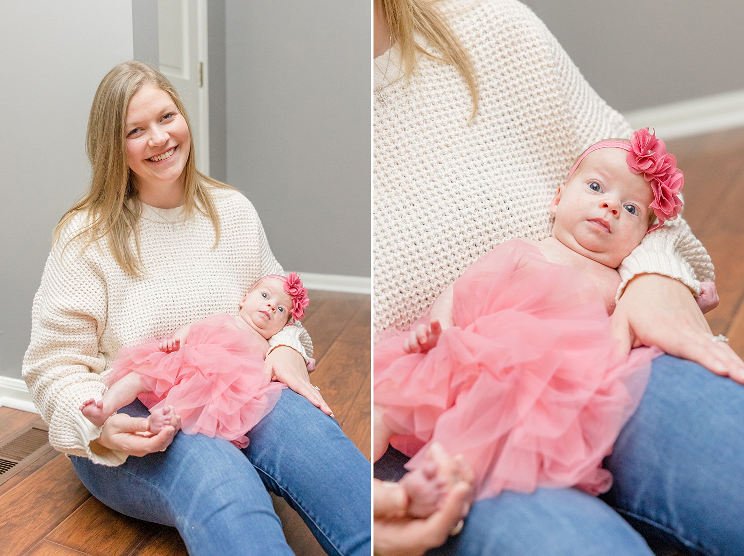 mom holds little girl in pink tutu