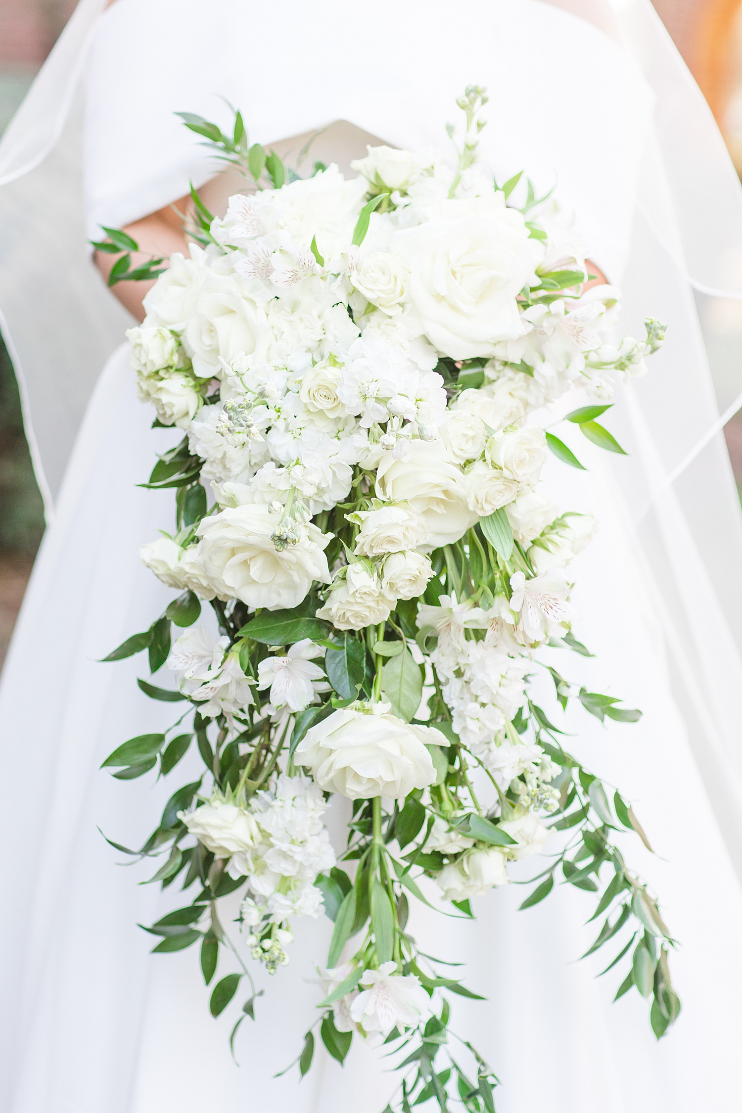 classic white hanging flower bouquet with greenery 