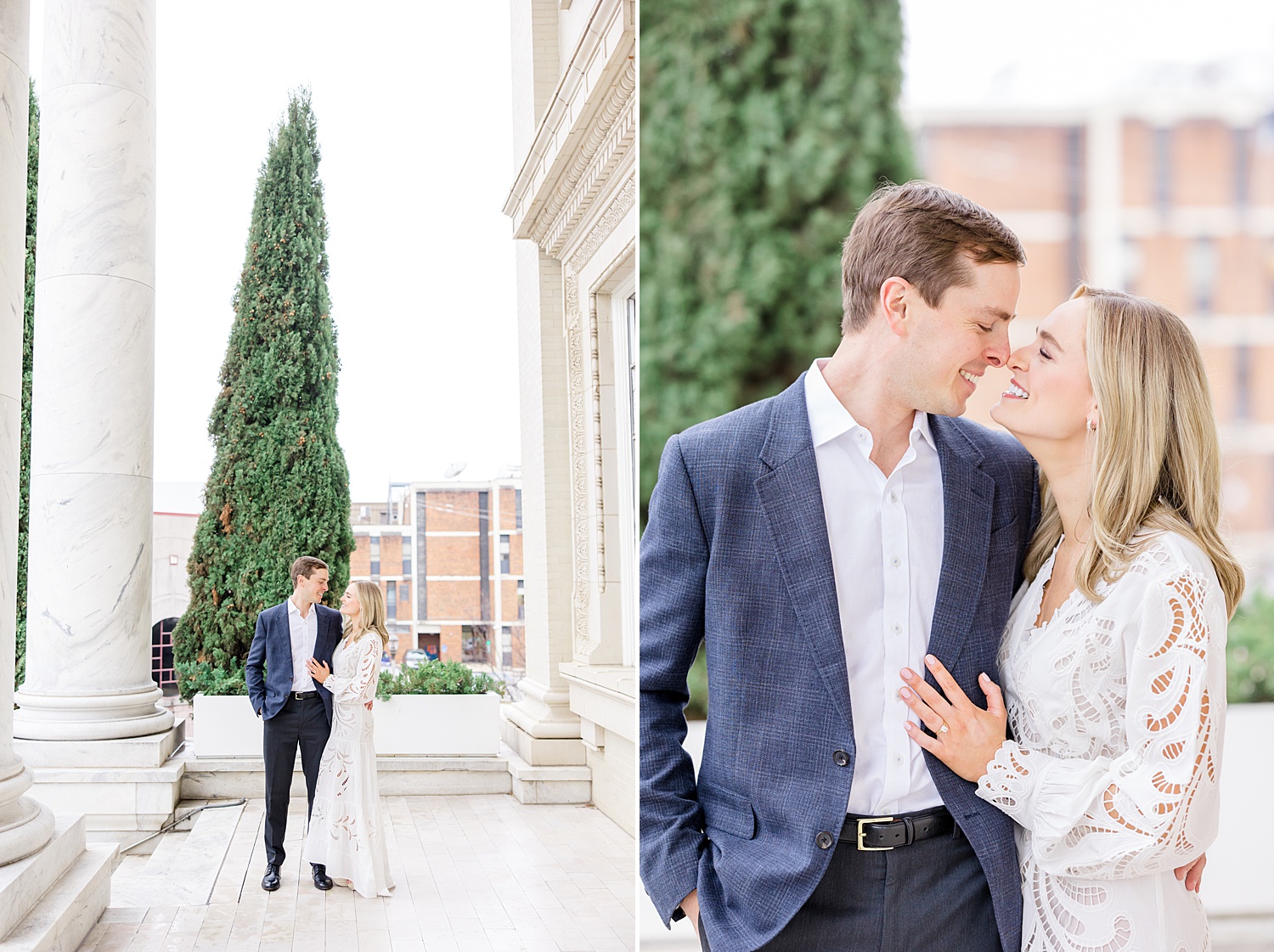 couple lean in together during Birmingham Engagement Portraits at Southside Baptist Church