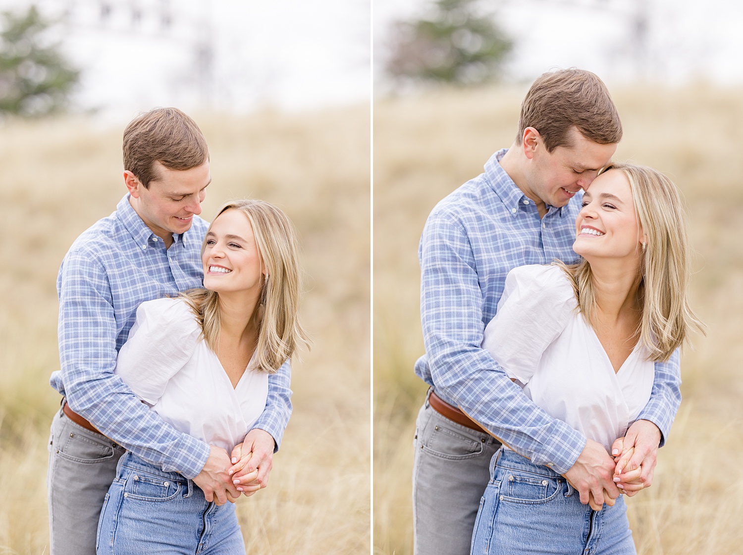 man hugs his fiance during engagement portraits