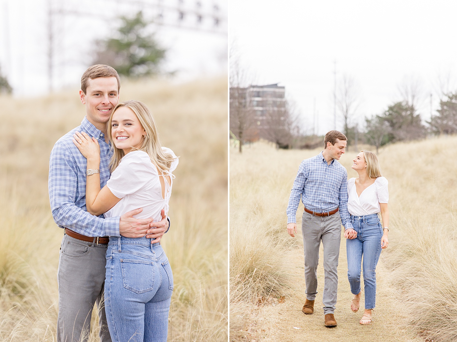 romantic engagement portraits in the tall grass