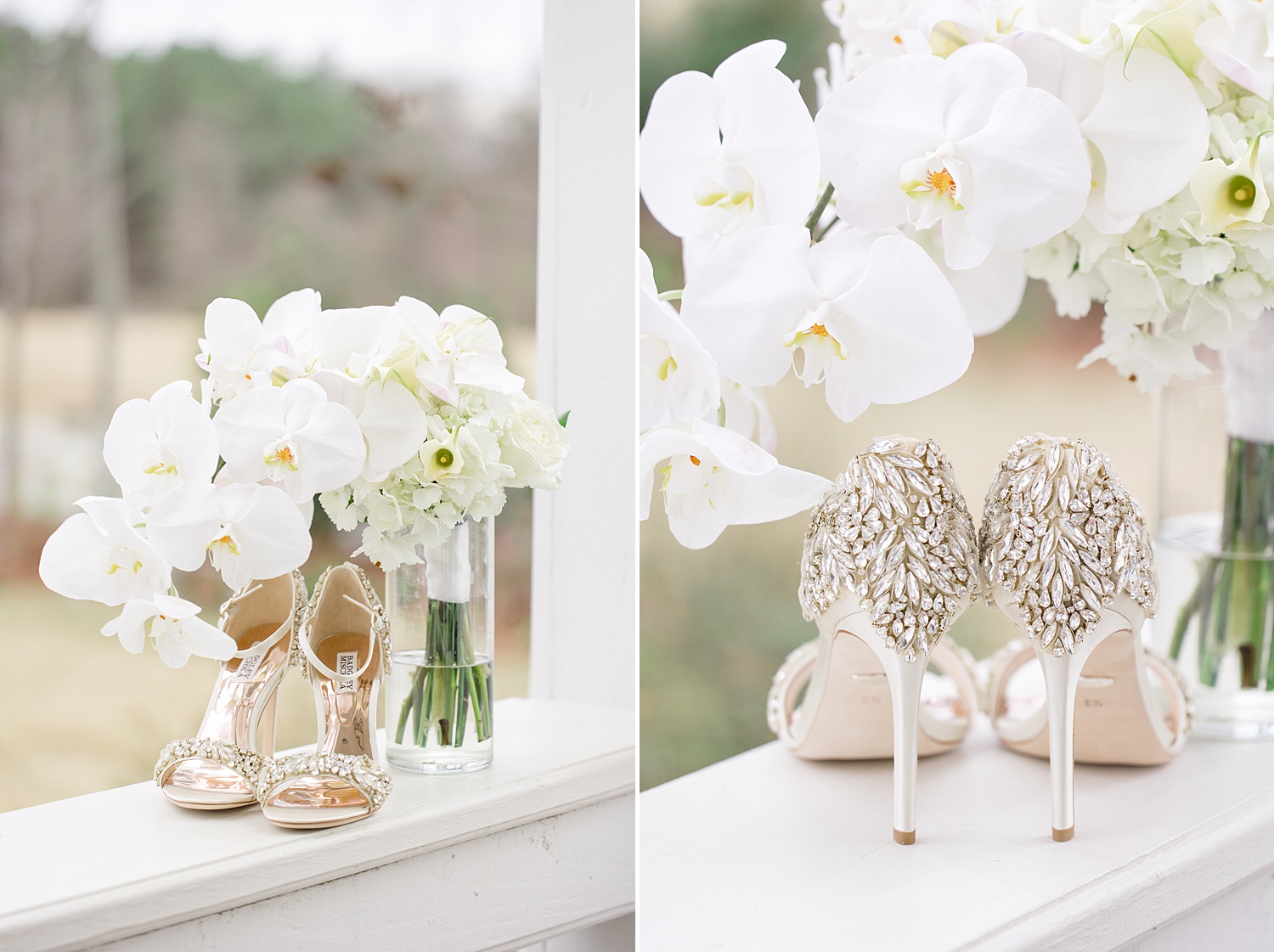 diamond studded shoes with bridal bouquet 