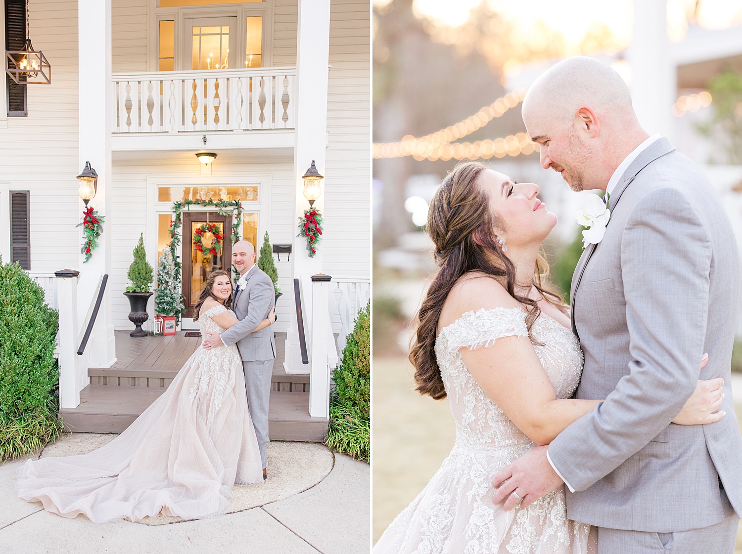 couple look at each other during wedding portraits at Camelot Manor 