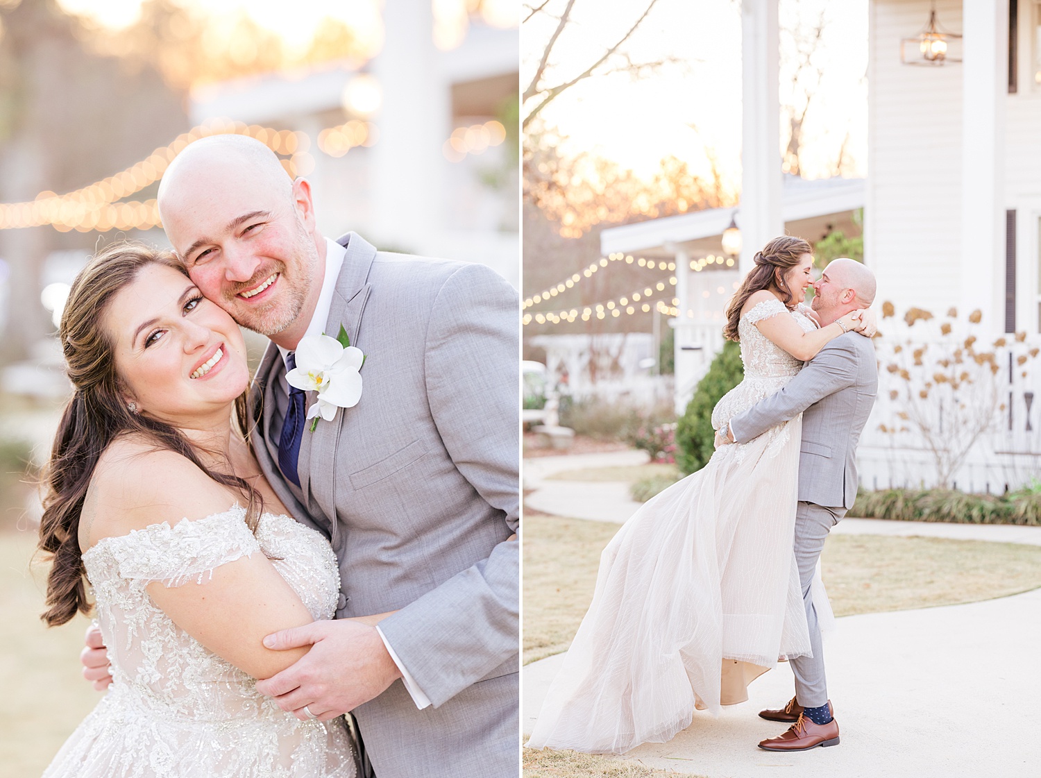 groom lifts his bride during wedding portraits 
