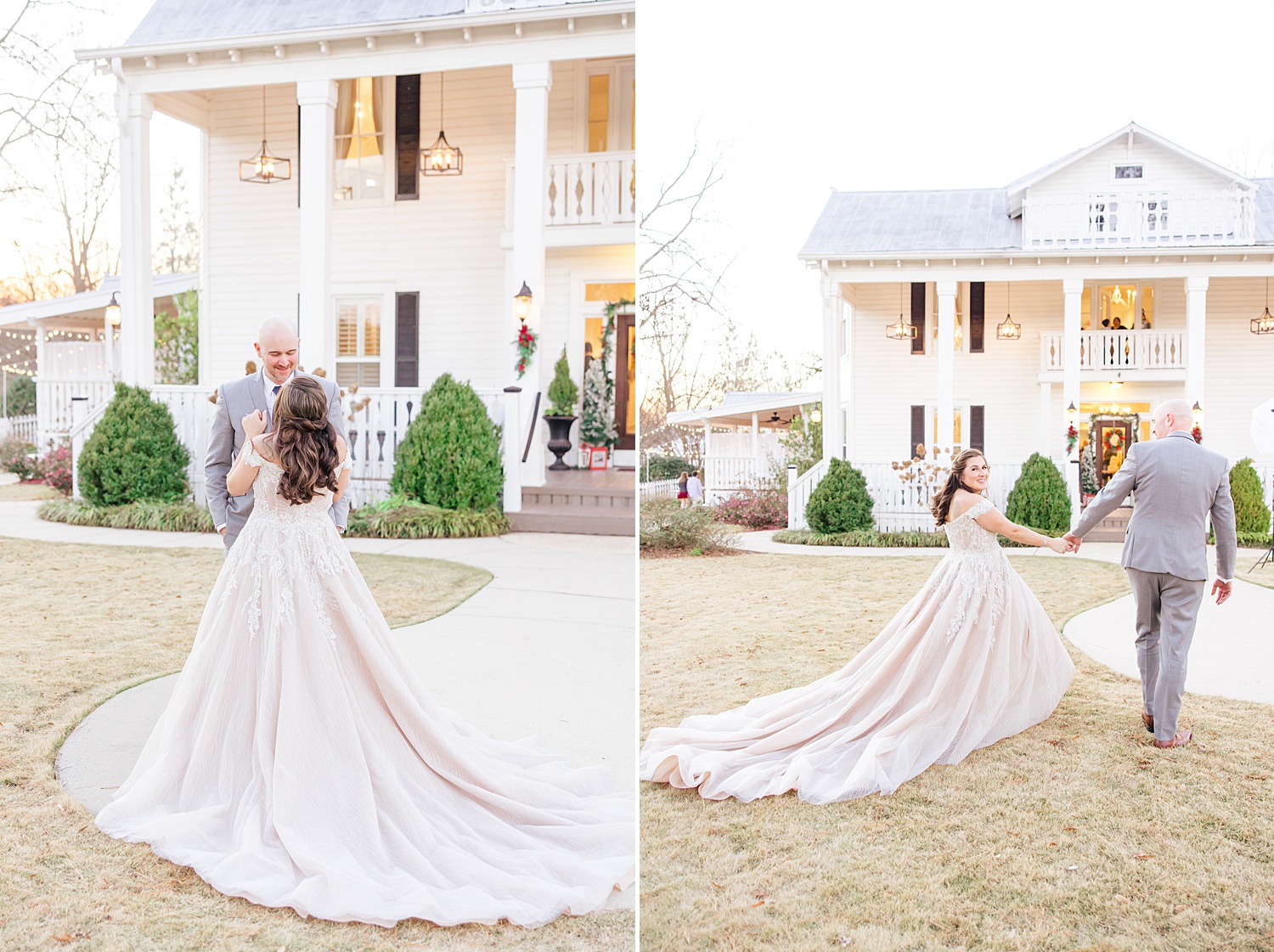 newlyweds walk across the lawn at Camelot Manor 