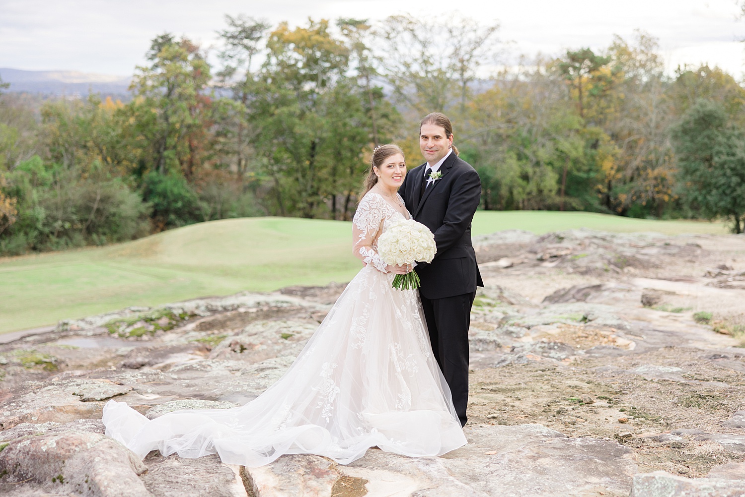wedding portraits on top of hill with scenic view in Vestavia, Alabama 