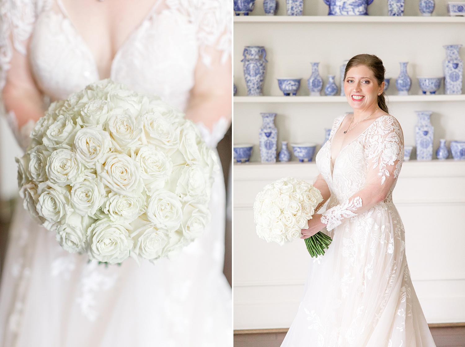 bride holding classic bouquet of white longstem roses
