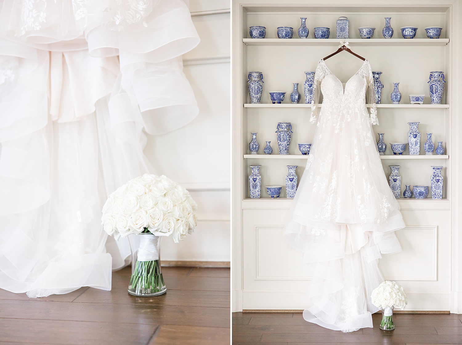 gorgeous wedding gown next blue vase lined bookshelf