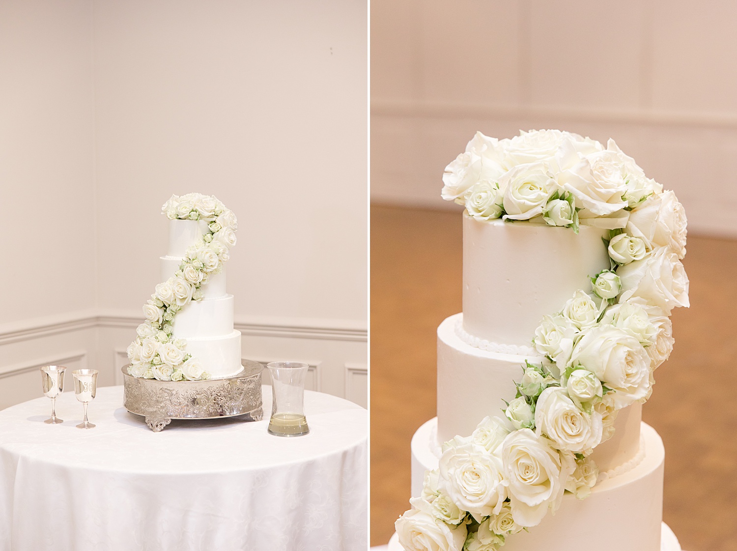 beautiful four tiered classic white wedding cake