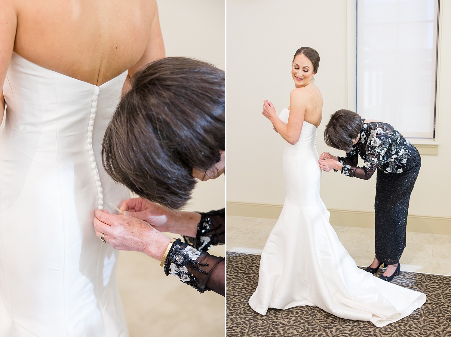 bride getting ready with mom before Elegant B&A Warehouse Wedding
