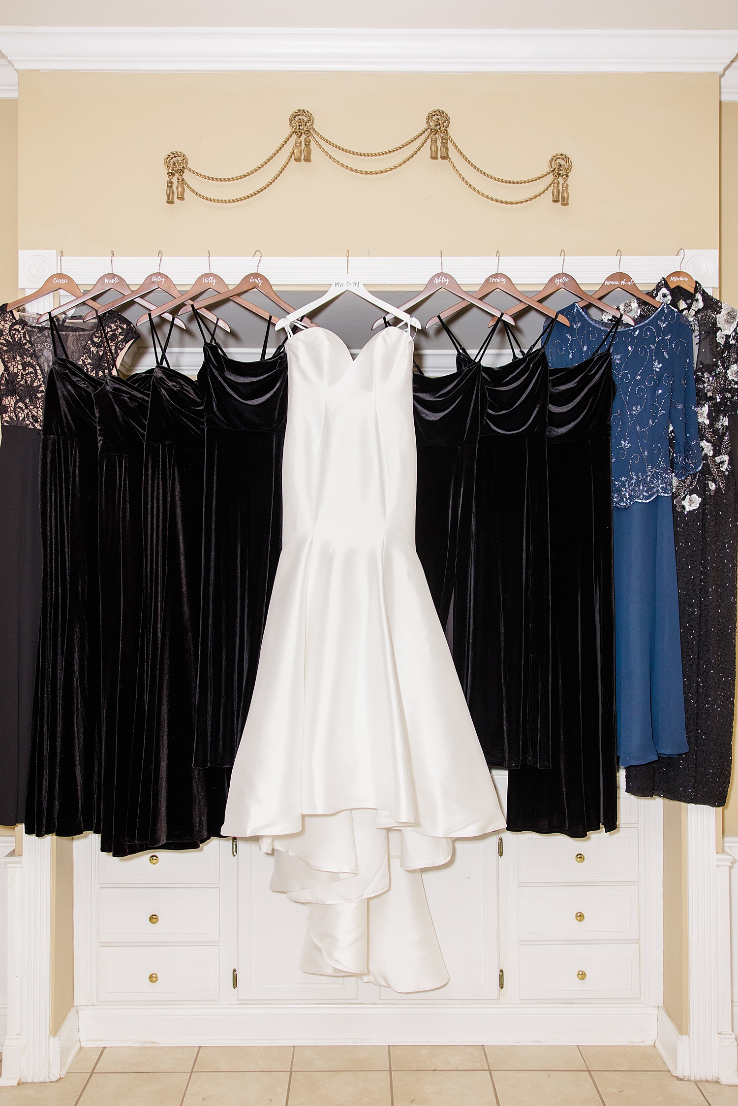 wedding dress with bridesmaids black dresses from Elegant B&A Warehouse Wedding
