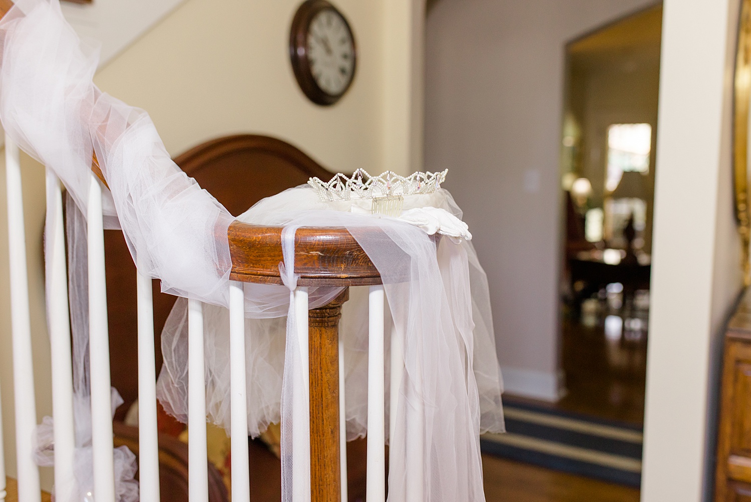 bride's wedding veil on staircase