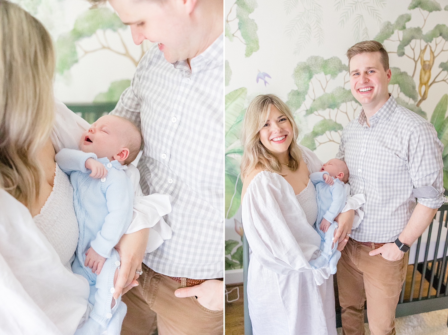 mom and dad hold son in jungle themed nursery 