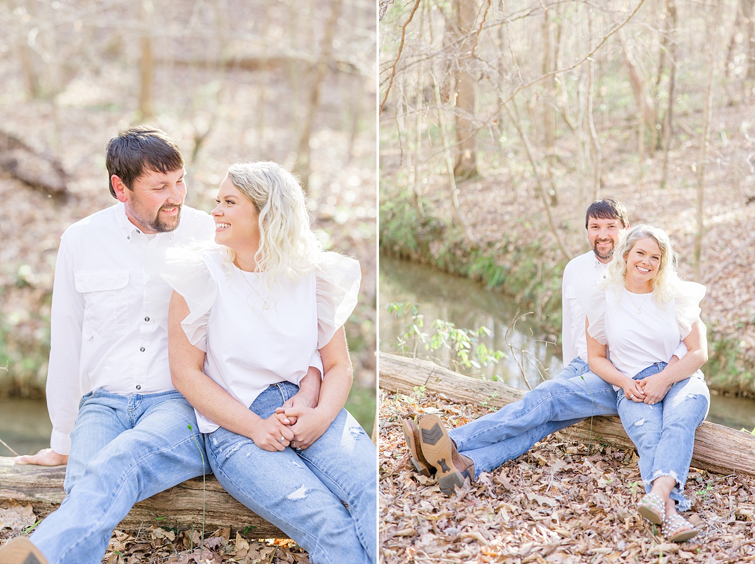 couple sit on log in the woods during Scenic Birmingham Engagement Session