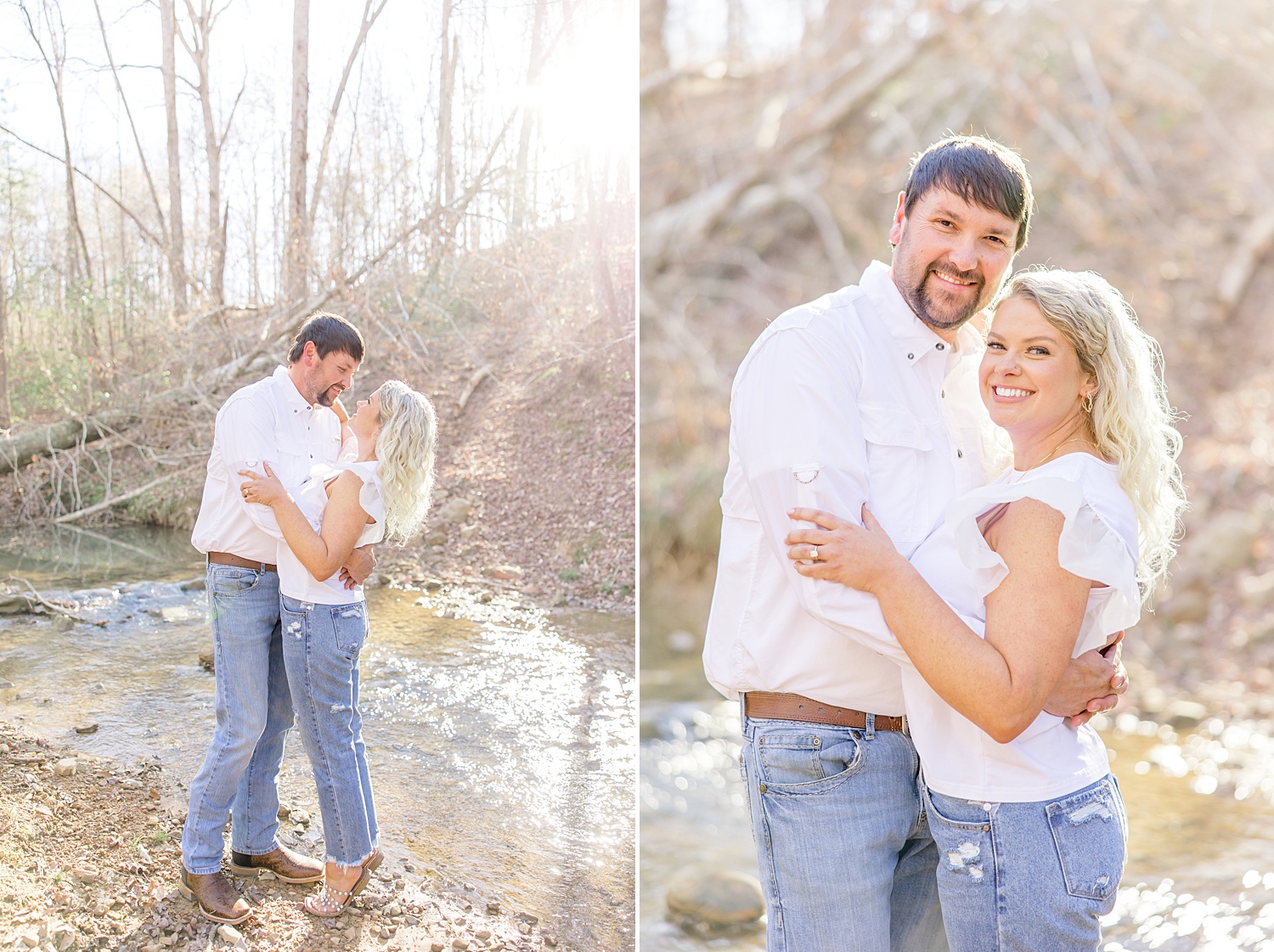 engaged couple stand by creek in woods 