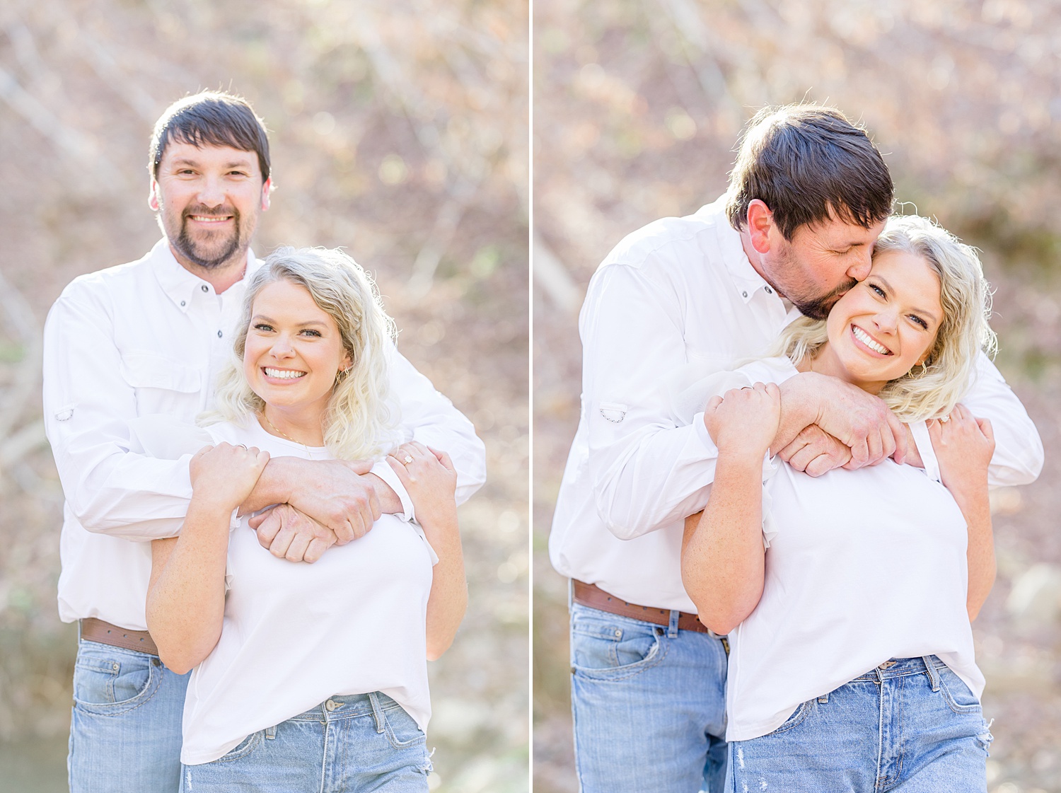 couple in white shirts hug during Scenic Birmingham Engagement Session