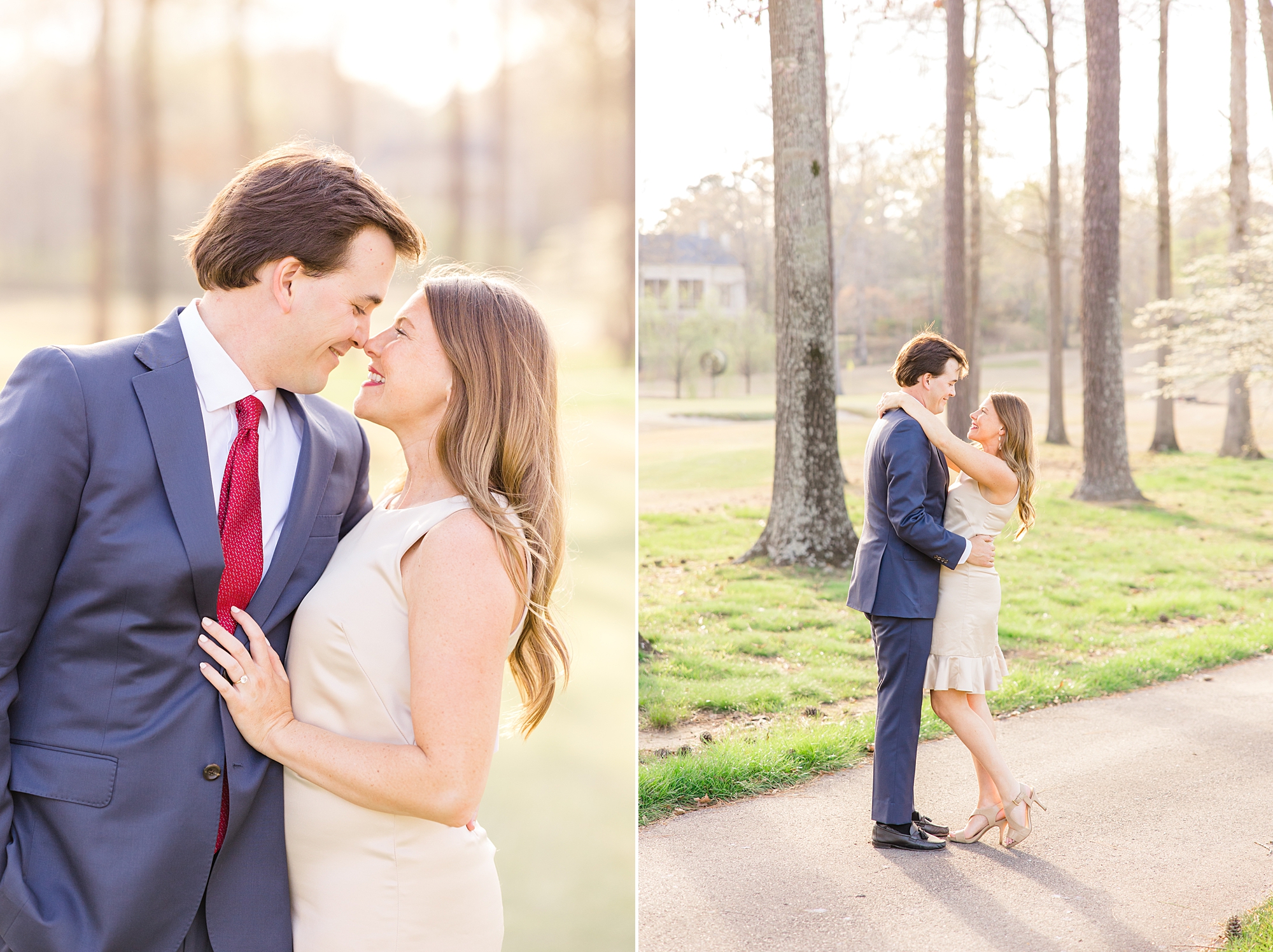 couple lean heads in together during engagement photos