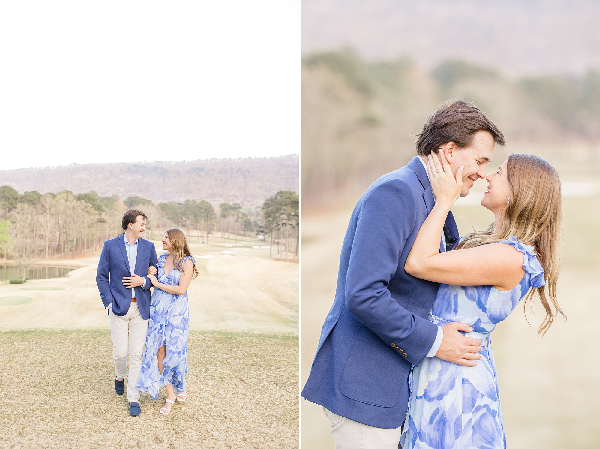 couple walk along the rolling greens of golf course during engagement session