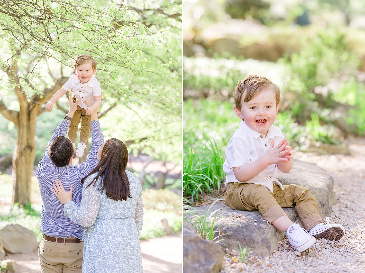parents hold little boy up in air during Spring Mini Sessions at Birmingham Botanical Gardens