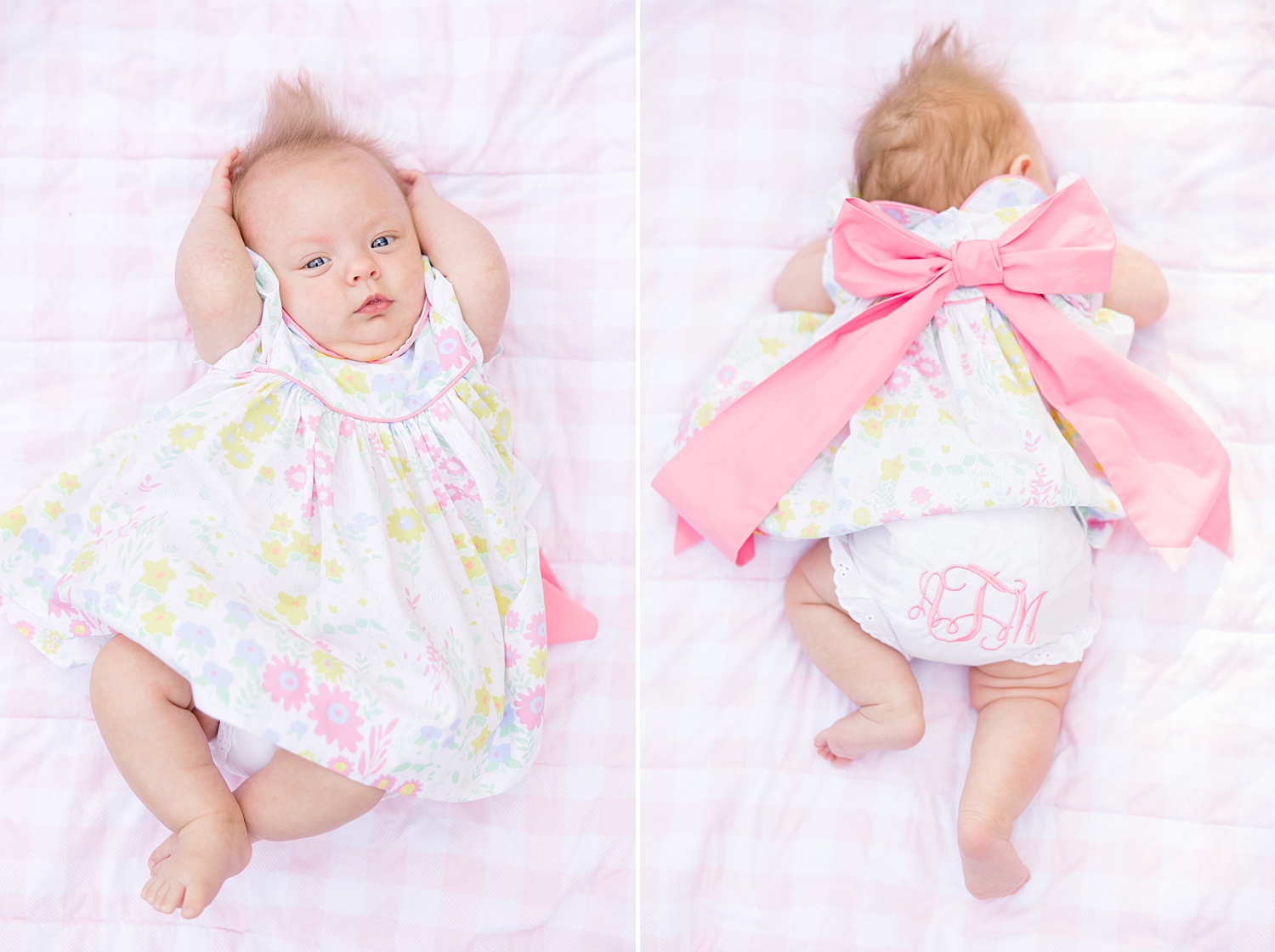 newborn girl in dress lays on pink checkered blanket